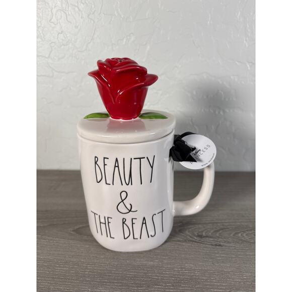 Rae Dunn Red TRUE LOVE Mug W/ Rose Topper Disney Princess Beauty & The Beast New - Picture 1 of 5